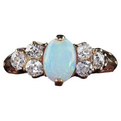 Antique Victorian 14K Yellow Gold Old Mine Diamond and Opal Ring