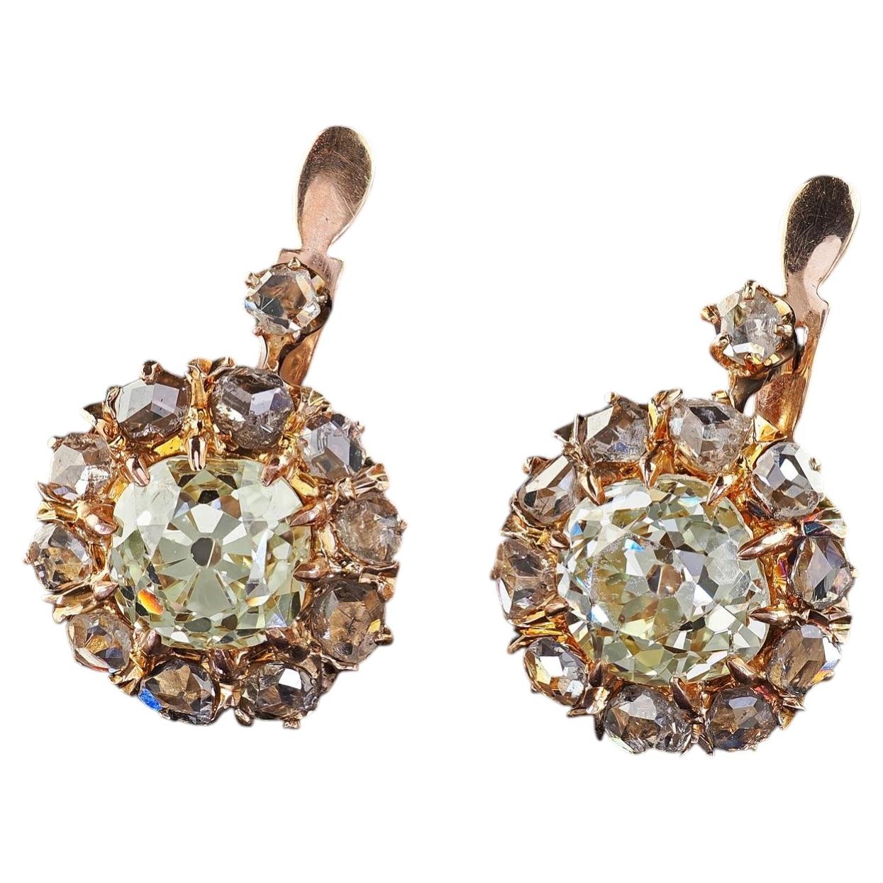 Antique Victorian 14K Yellow Gold Old Mine Diamond Rose Cut Earrings - GIA
