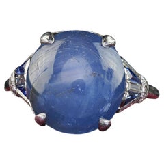 Antique Art Deco Platinum Cabochon Star Sapphire and Diamond Cocktail Ring