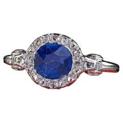 Anello di fidanzamento d'epoca in stile edoardiano, in platino con zaffiro naturale e diamanti - GIA