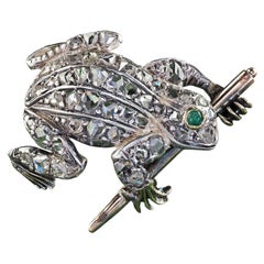 Antique Victorian 8K Gold and Silver Rose Cut Diamond Frog Pin Brooch