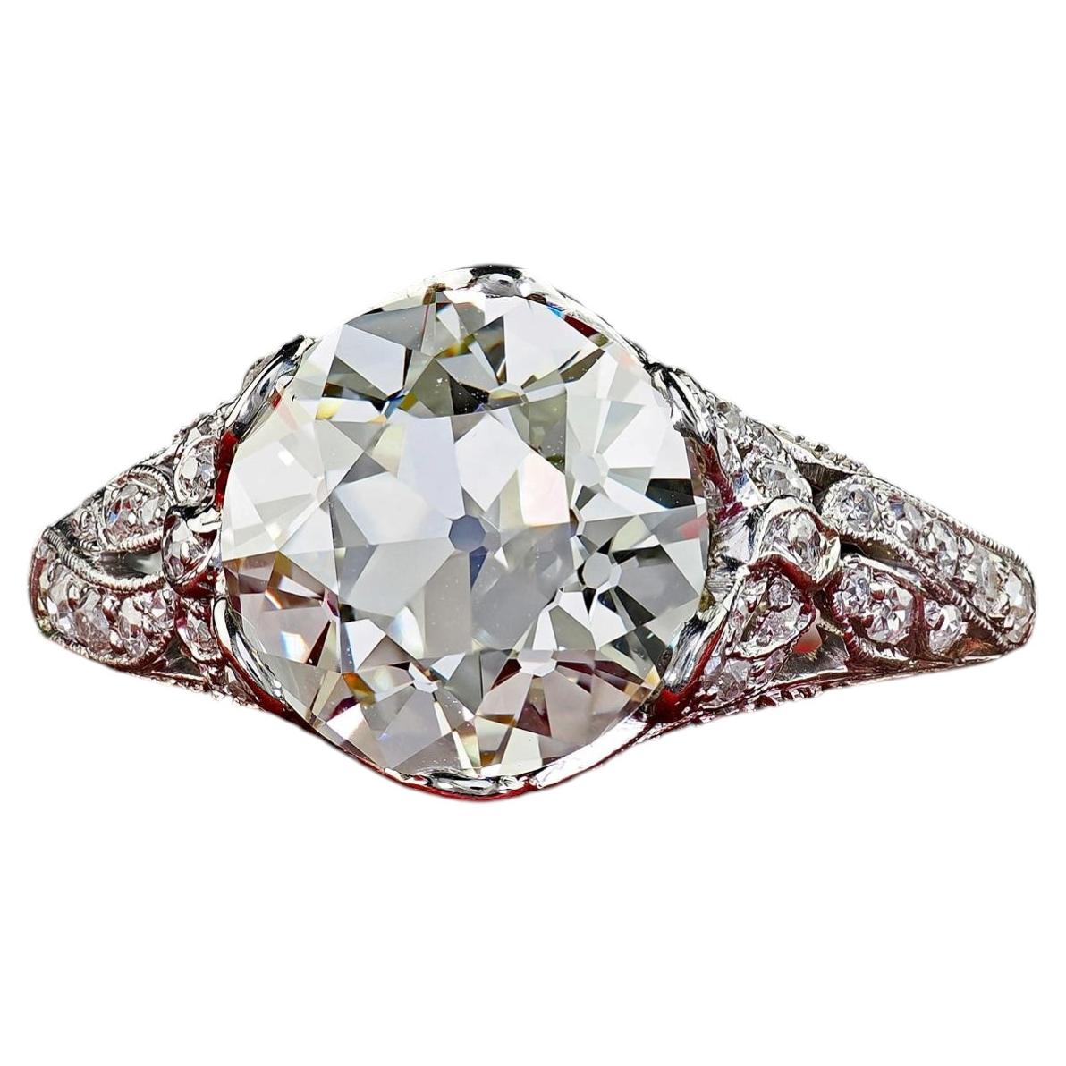 Antique Edwardian Platinum Old European Diamond Floral Engagement Ring - GIA For Sale