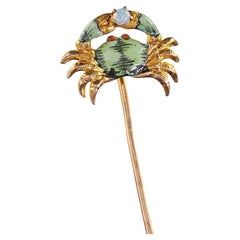 Antique Art Deco 14K Yellow Gold Enamel and Opal Crab Stick Pin