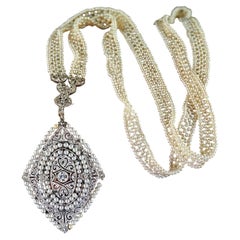 Antique Edwardian Platinum Natural Seed Pearl Diamond Filigree Pendant Necklace