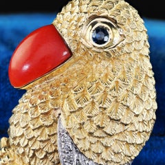 Vintage Estate ZVI 18K Yellow Gold Mid Century Coral Parrot Love Bird Brooch Pin
