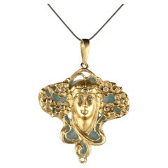 Antique Art Nouveau 18K Yellow Gold Plique a Jour Diamond Woman Pendant