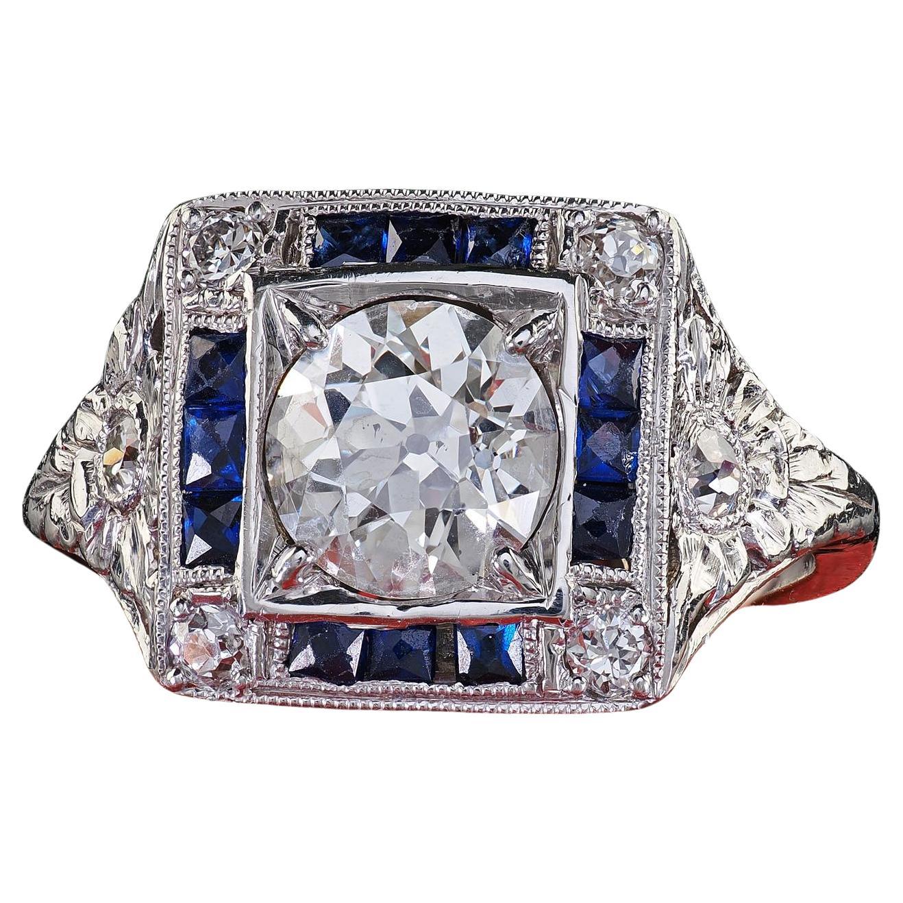 Anello di fidanzamento aureolato con diamante e zaffiro in platino antico Art Deco - GIA