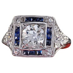 Bague de fiançailles Arte Antiques Platinum Old Euro Diamond Sapphire Halo - GIA