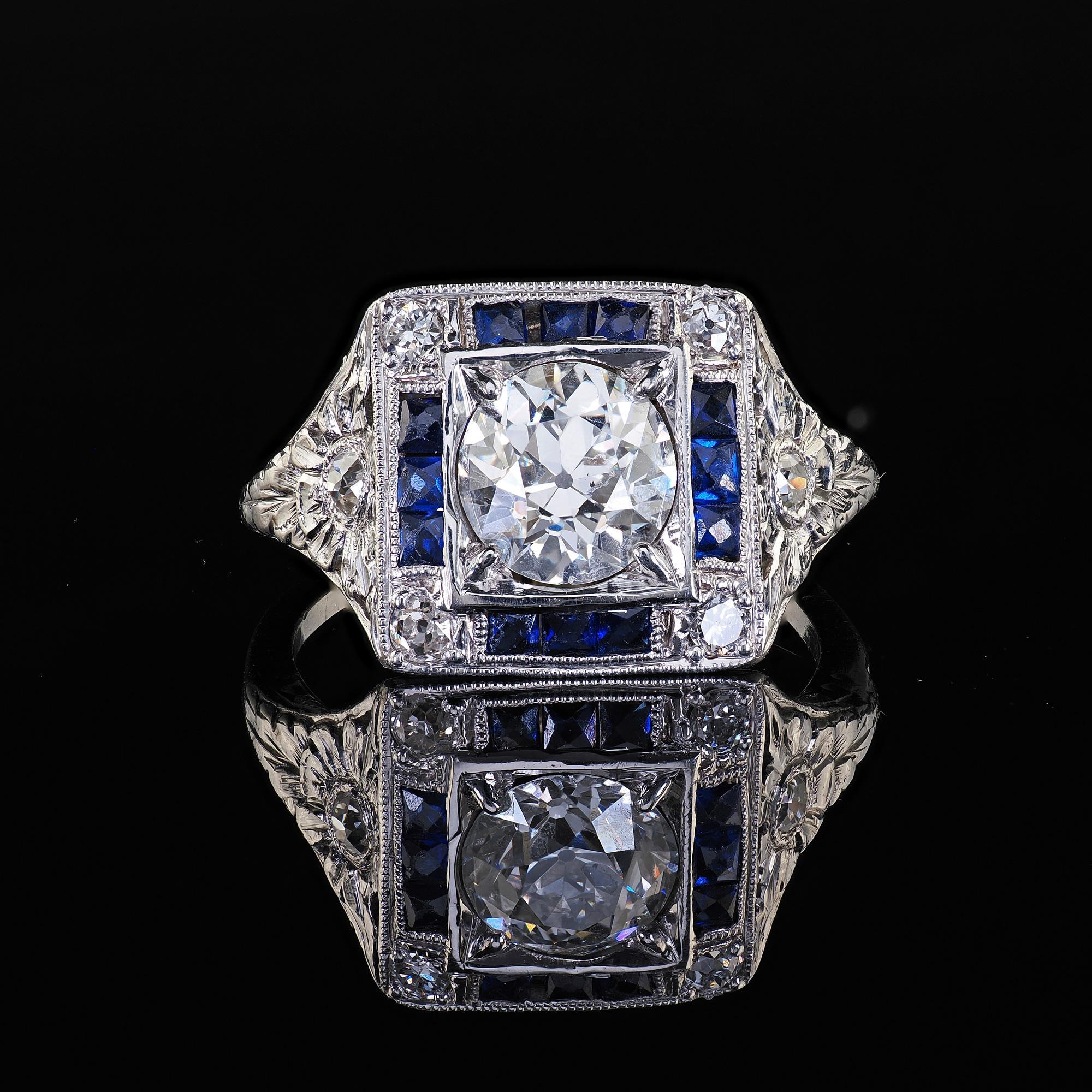 Anello di fidanzamento aureolato con diamante e zaffiro in platino antico Art Deco - GIA in vendita 2