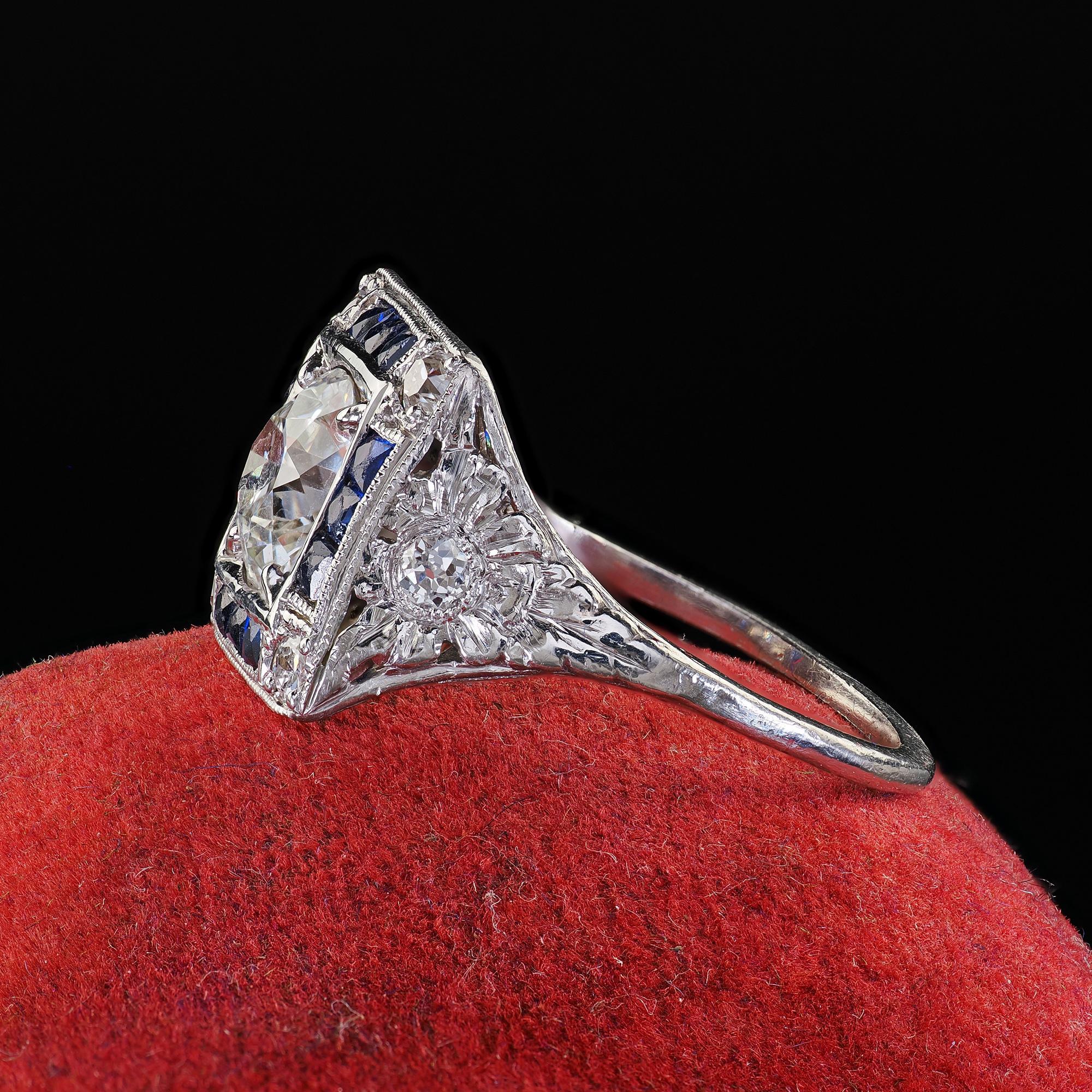 Anello di fidanzamento aureolato con diamante e zaffiro in platino antico Art Deco - GIA In condizioni buone in vendita a Great Neck, NY