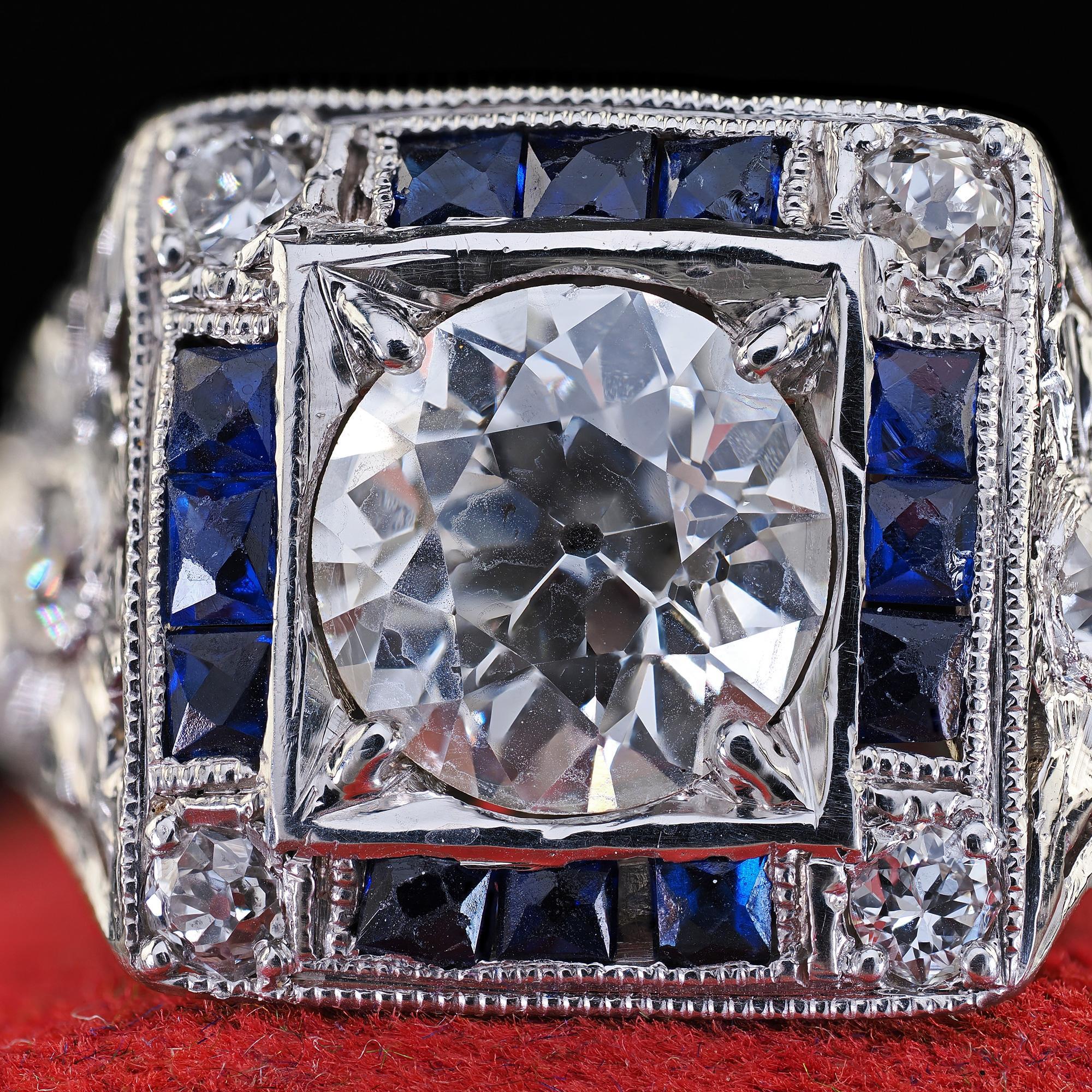 Anello di fidanzamento aureolato con diamante e zaffiro in platino antico Art Deco - GIA in vendita 1