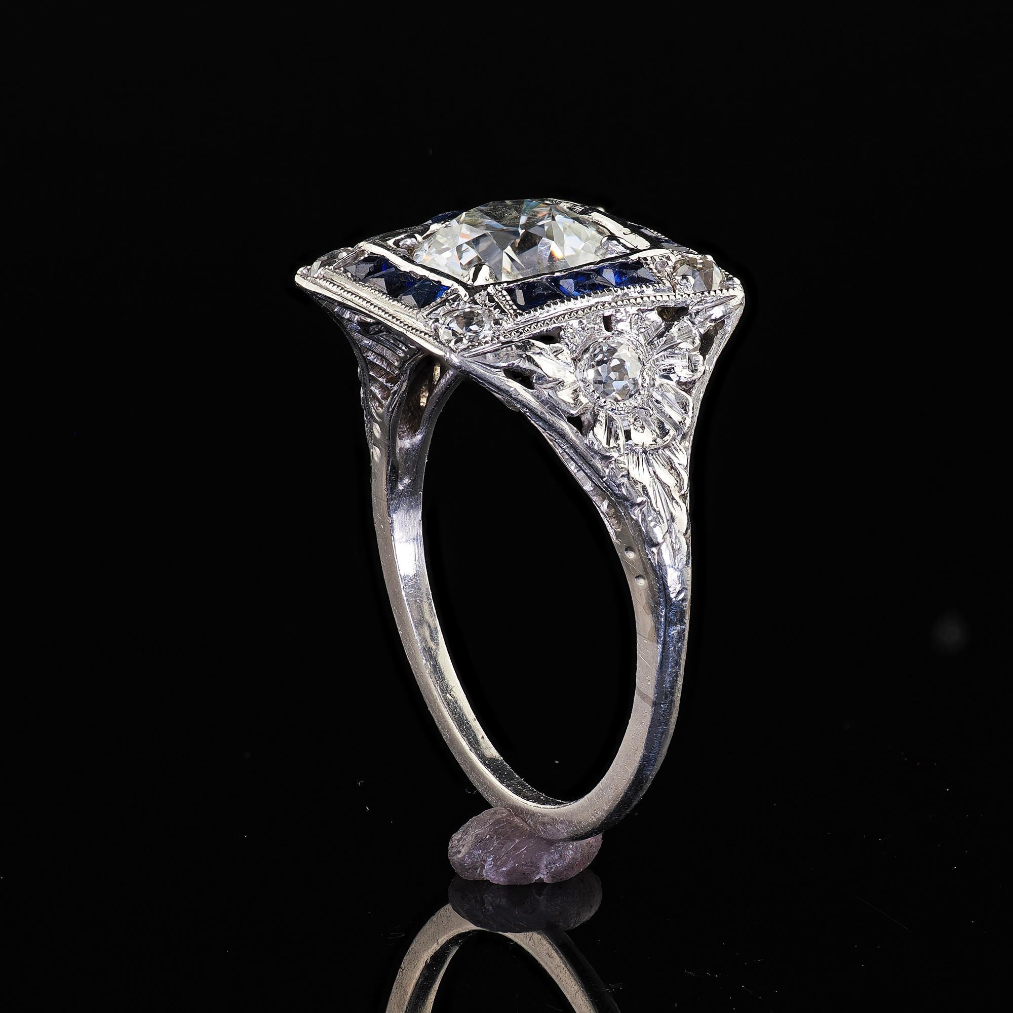 Anello di fidanzamento aureolato con diamante e zaffiro in platino antico Art Deco - GIA in vendita 4