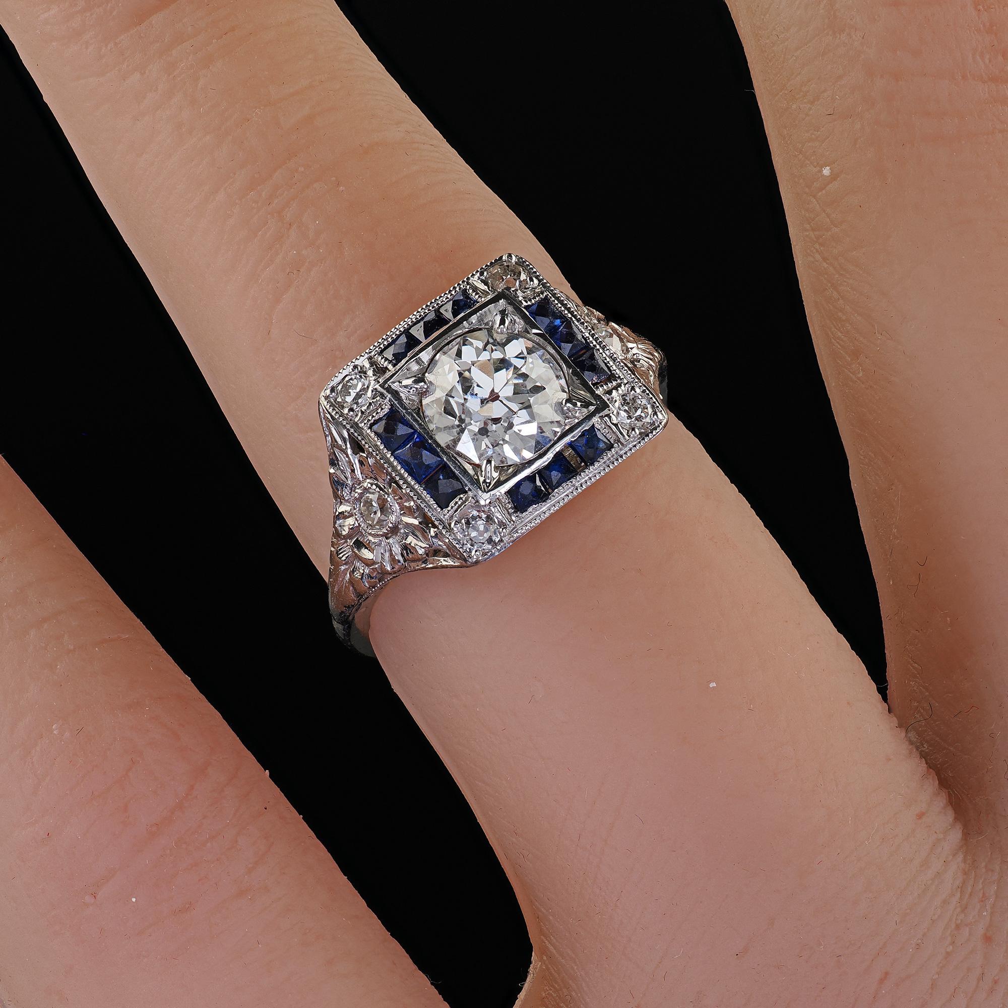 Anello di fidanzamento aureolato con diamante e zaffiro in platino antico Art Deco - GIA in vendita 5