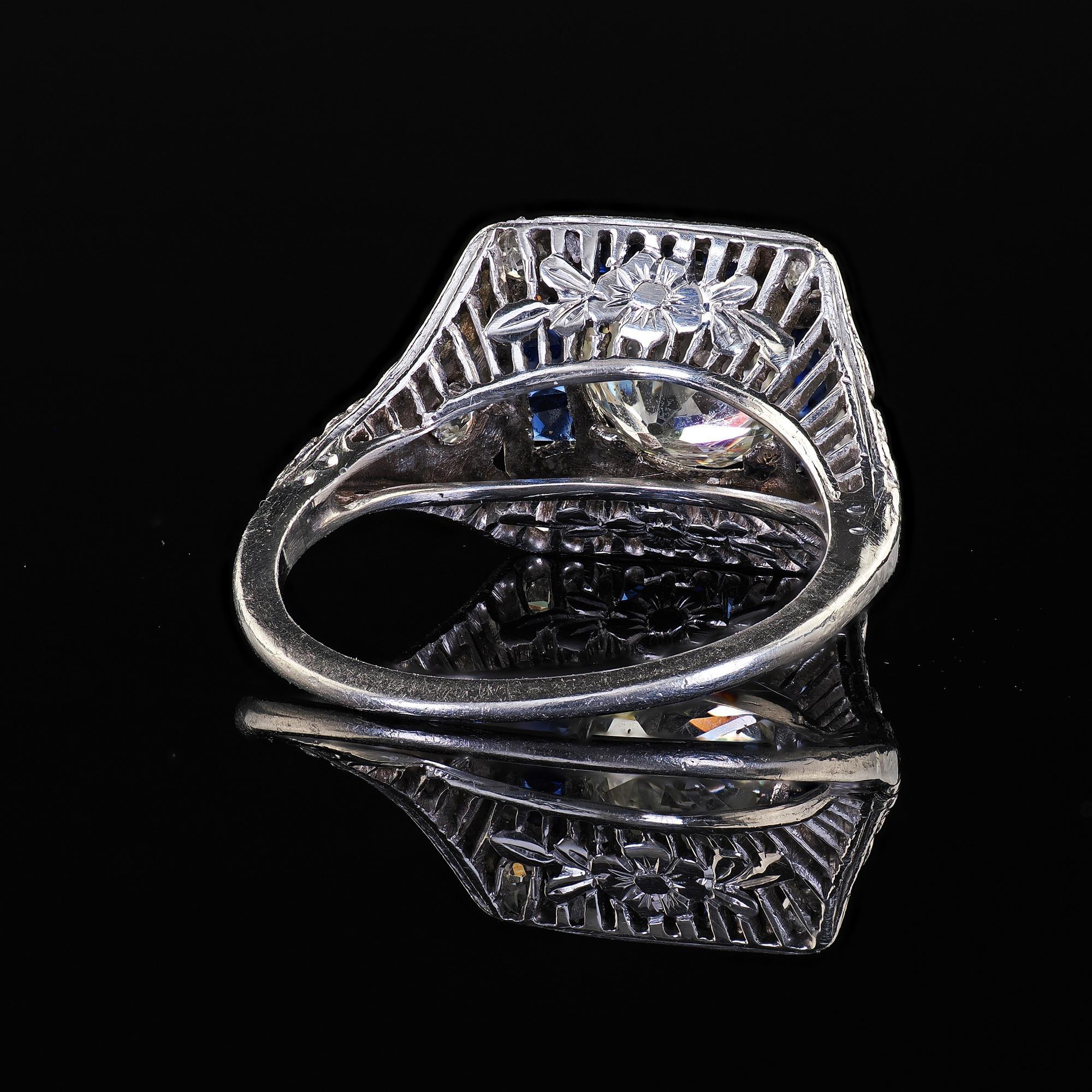 Anello di fidanzamento aureolato con diamante e zaffiro in platino antico Art Deco - GIA in vendita 3