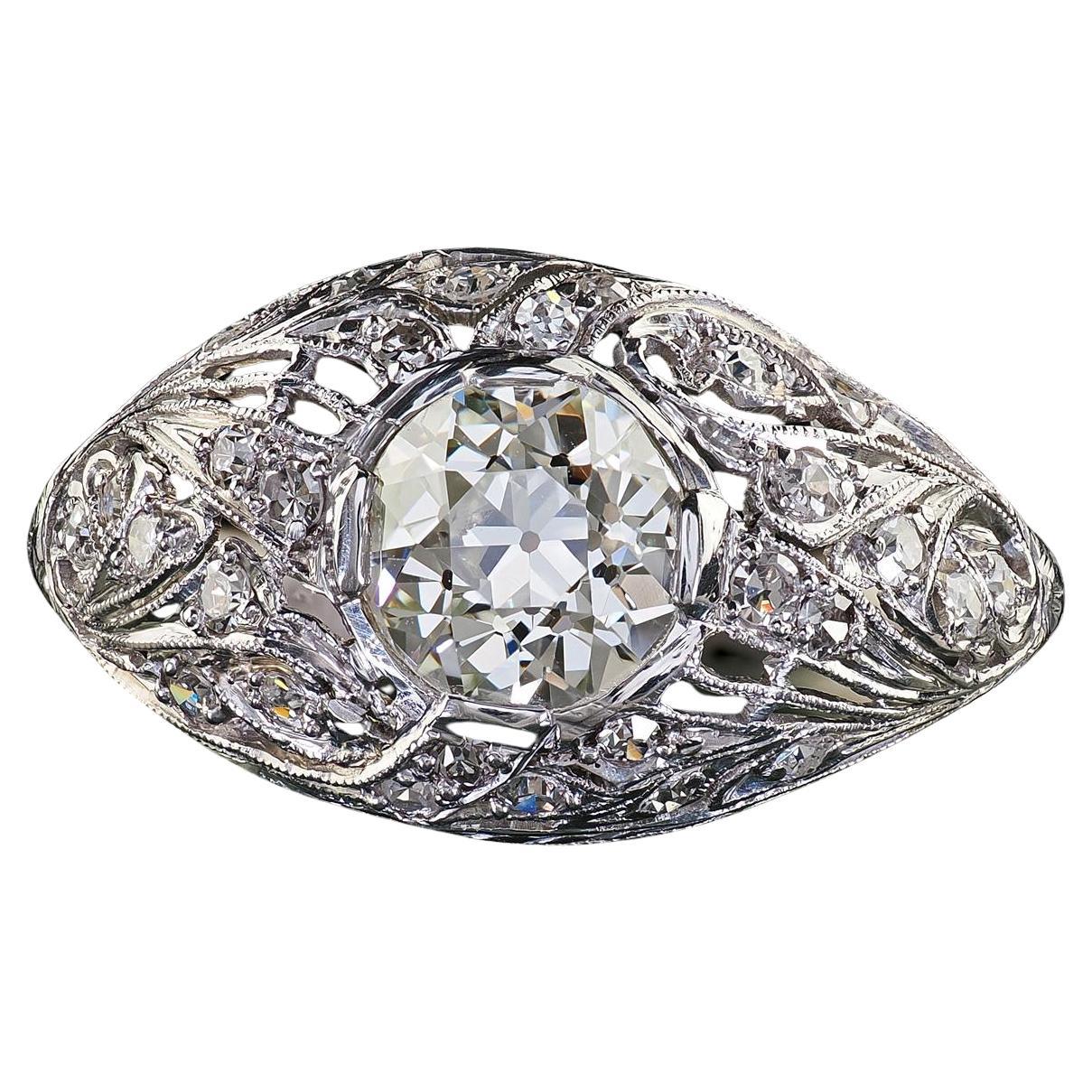 Anello di fidanzamento floreale con diamante antico europeo in platino Art Deco - GIA