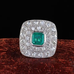 Antique Art Deco 14K Rose Gold Platinum Colombian Emerald Diamond Ring - GIA