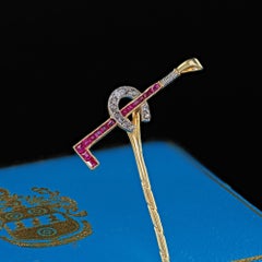 Antique Art Deco 18K Yellow Gold Ruby Diamond Riding Crop Horseshoe Stick Pin