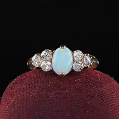 Antique Victorian 14K Yellow Gold Old Mine Diamond and Opal Ring
