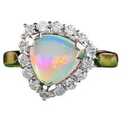 Vintage Estate 18K Yellow Gold Platinum Diamond and Trillion Cut Opal Ring