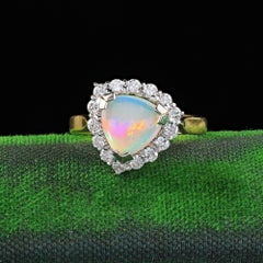 Vintage Estate 18K Yellow Gold Platinum Diamond and Trillion Cut Opal Ring
