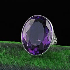 Antique Edwardian Platinum Amethyst and Diamond Filigree Cocktail Ring