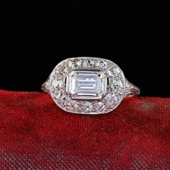 Antique Art Deco Platinum Emerald Cut Diamond Halo Engagement Ring - GIA