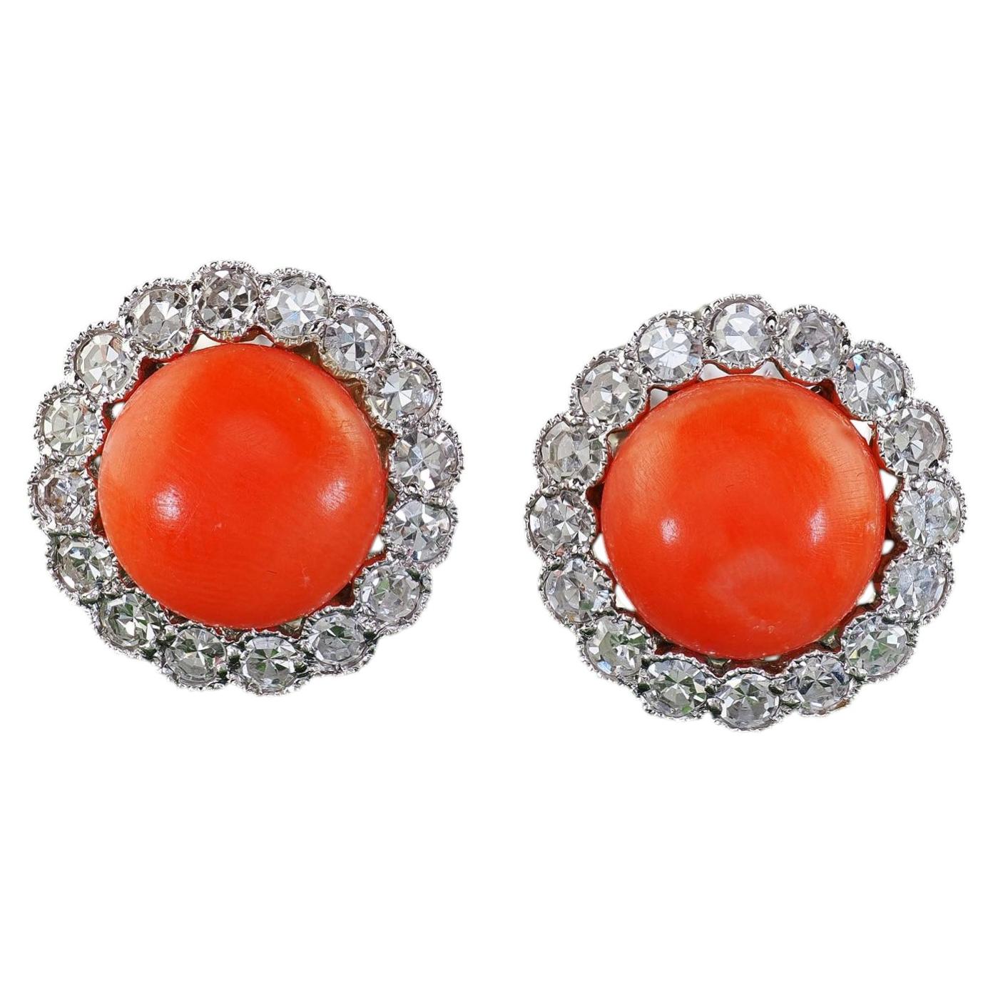 Antique Art Deco Platinum Coral and Old Cut Diamond Stud Earrings For Sale