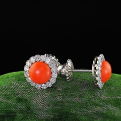 Antique Art Deco Platinum Coral and Old Cut Diamond Stud Earrings