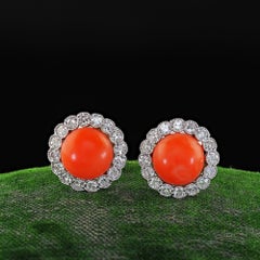 Antique Art Deco Platinum Coral and Old Cut Diamond Stud Earrings