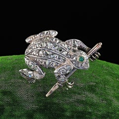 Antique Victorian 8K Gold and Silver Rose Cut Diamond Frog Pin Brooch