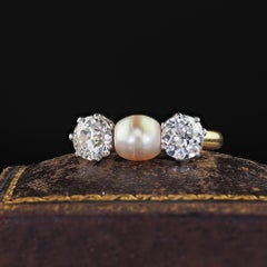 Antique Edwardian French 18K Gold Platinum Old Euro and Pearl Three Stone Ring