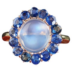 Antique Victorian 14K Yellow Gold Cabochon Moonstone and Sapphire Cocktail Ring