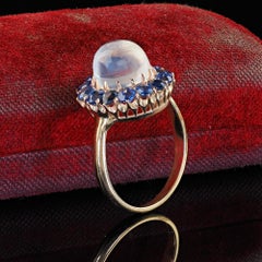 Antique Victorian 14K Yellow Gold Cabochon Moonstone and Sapphire Cocktail Ring