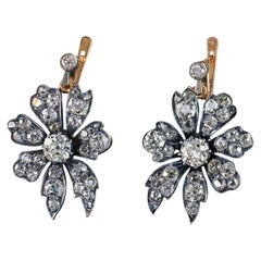 Antique Victorian 18K Gold and Silver Old Mine Diamond Flower Drop Earrings