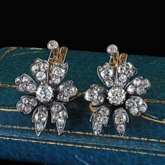 Antique Victorian 18K Gold and Silver Old Mine Diamond Flower Drop Earrings