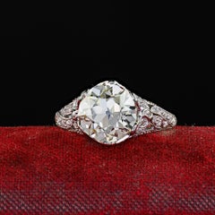 Antique Edwardian Platinum Old European Diamond Floral Engagement Ring - GIA