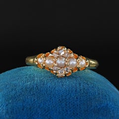 Antique Victorian English 18K Yellow Gold Rose Cut Diamond and Pearl Ring
