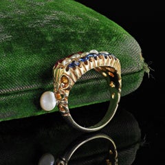 Antique Victorian 14K Yellow Gold Ruby Sapphire and Pearl Three Row Ring