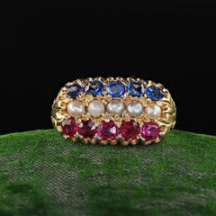 Antique Victorian 14K Yellow Gold Ruby Sapphire and Pearl Three Row Ring