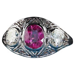 Antique Art Deco 18K White Gold Burma Ruby Euro Diamond Three Stone Ring - GIA