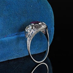 Antique Art Deco 18K White Gold Burma Ruby Euro Diamond Three Stone Ring - GIA