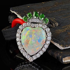 Vintage Retro Platinum Natural Heart Shape Opal Diamond Demantoid Garnet Pin
