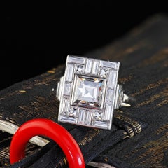 Antique Art Deco Platinum Step and French Cut Diamond Baguette Panel Ring - GIA