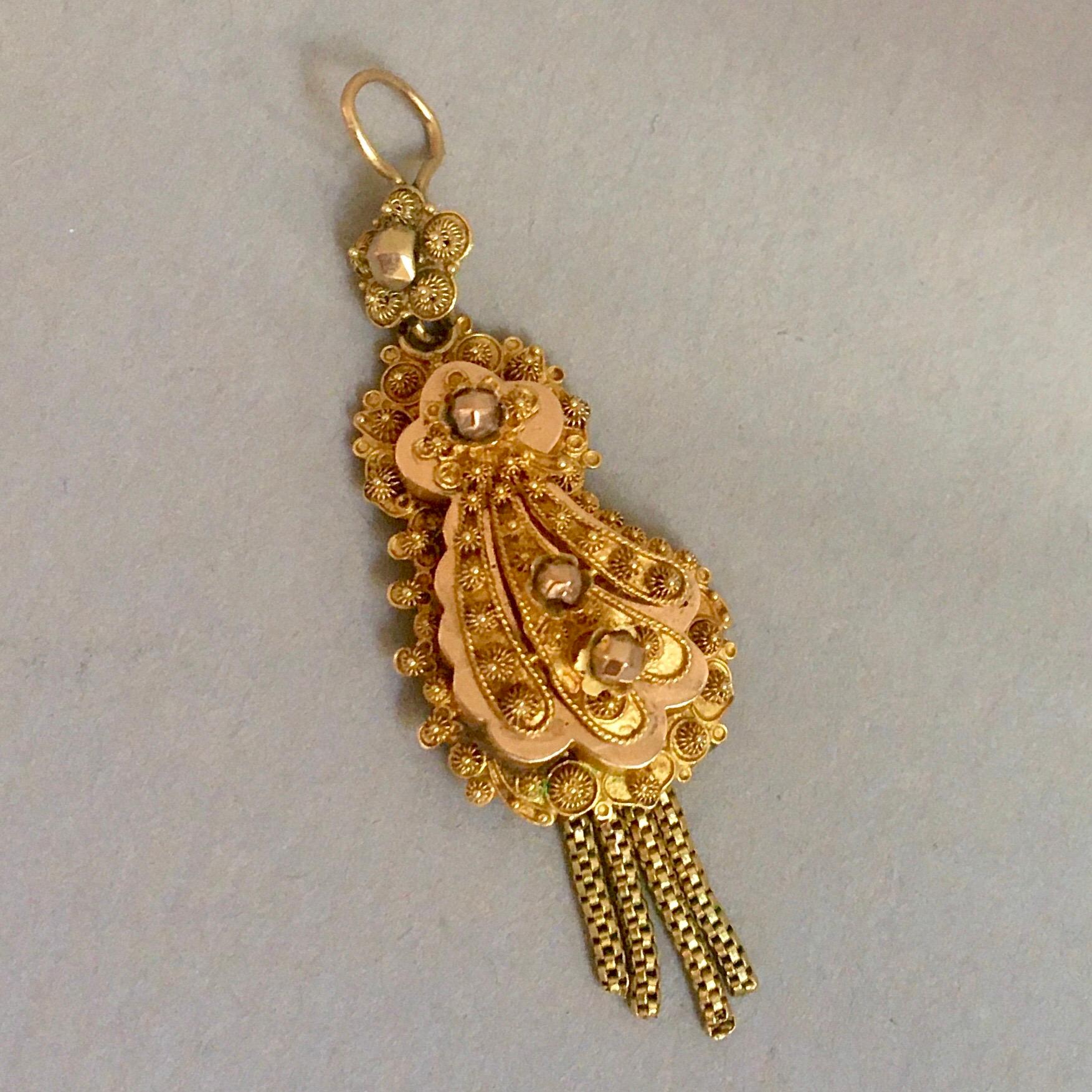 Women's Antique 14K Gold Cannetille Tassel Pendant  For Sale