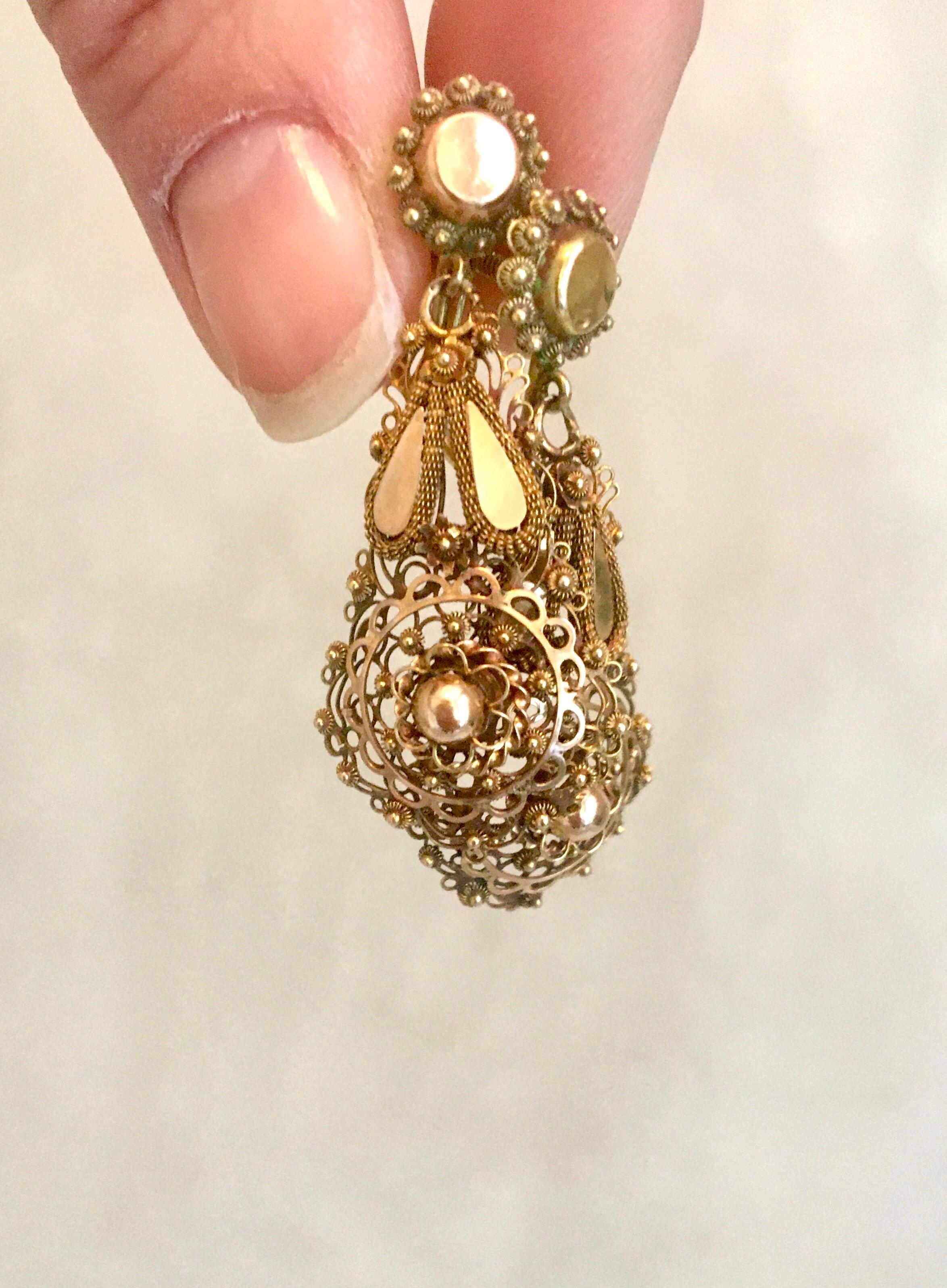Women's Antique Victorian 14K Rose Gold Filigree Dangle Earrings For Sale