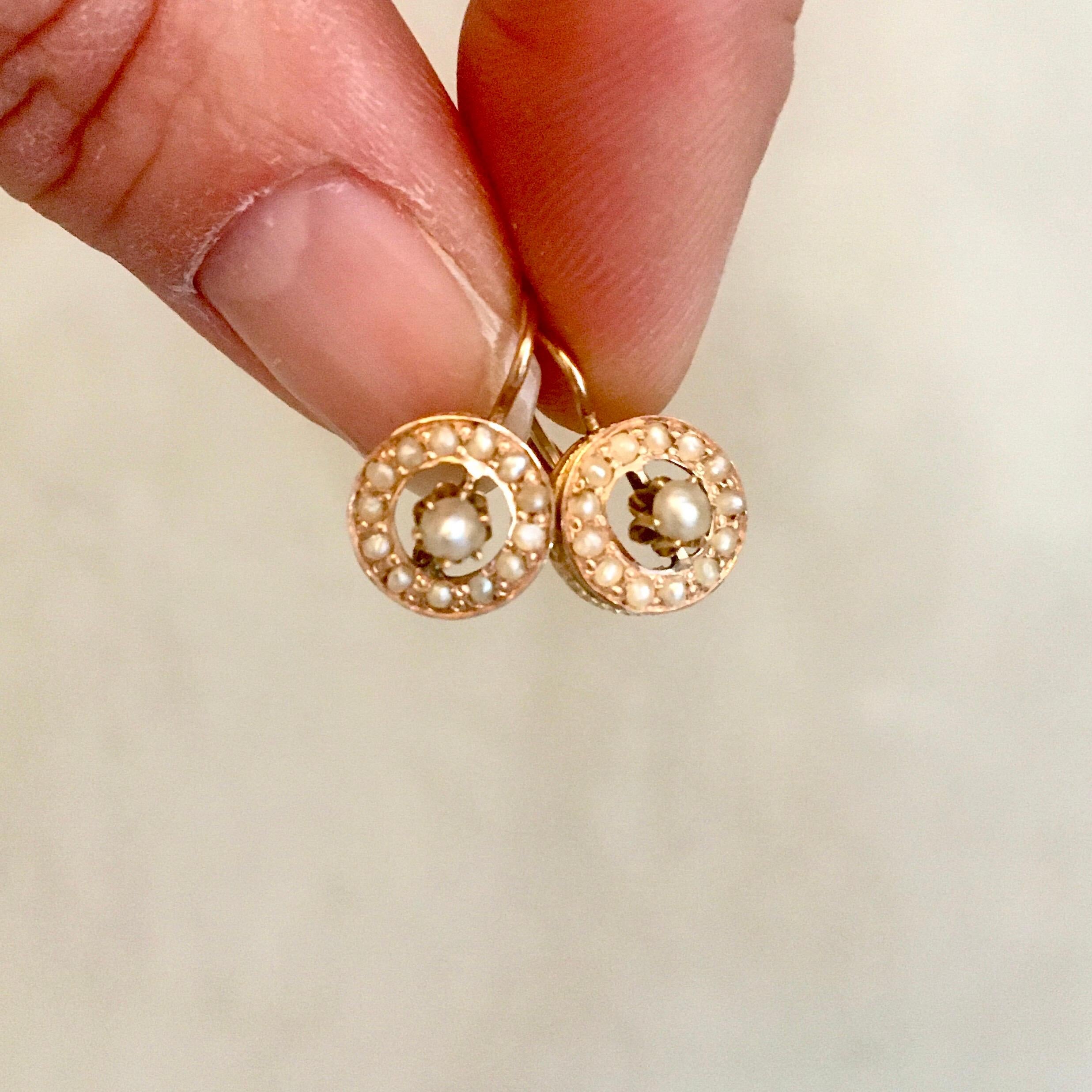 Round Cut Antique 14 Karat Yellow Gold Seed Pearl Round Drop Earrings For Sale