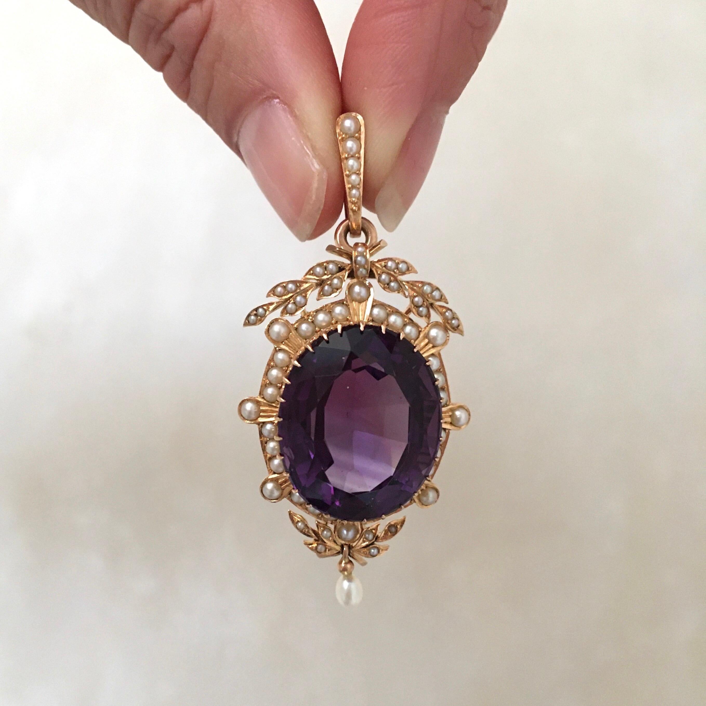 Oval Cut Amethyst and Pearls 14K Gold Pendant