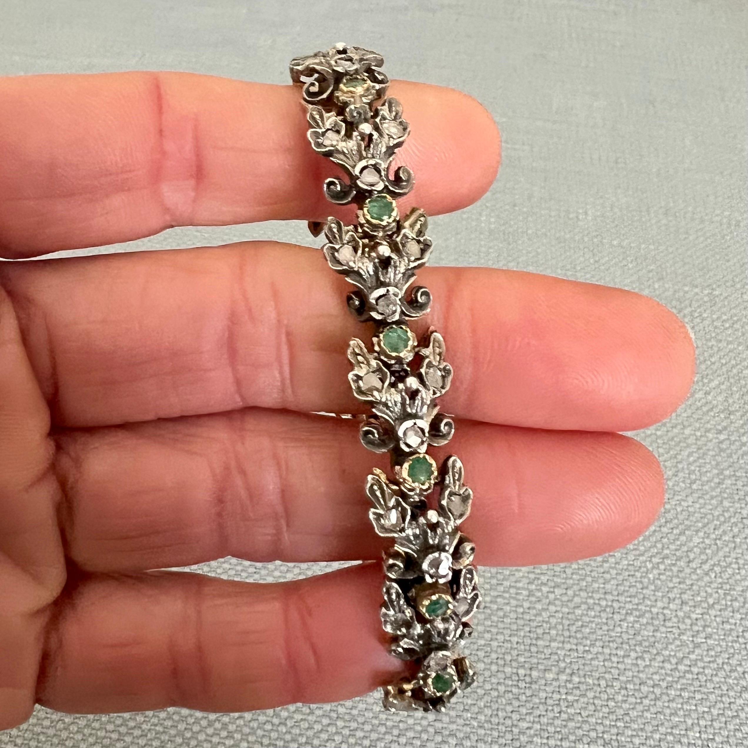 Antique Edwardian Emerald Diamond Gold Bracelet For Sale 3