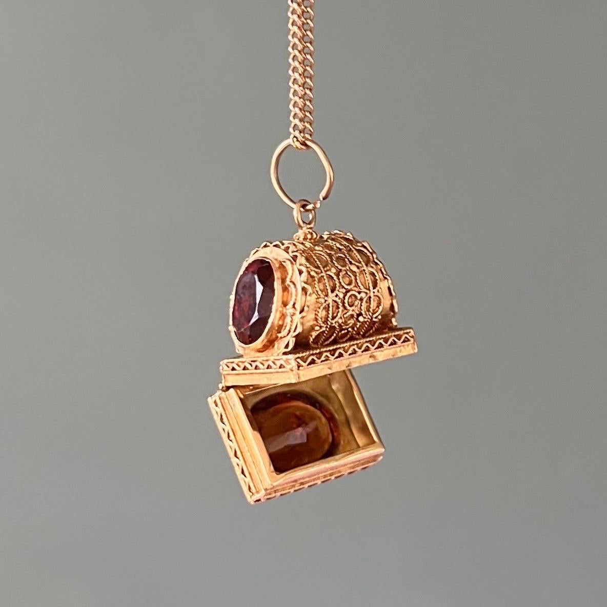 Etruscan Revival Vintage Venetian Revival 18K Gold and Garnet Locket Pendant For Sale