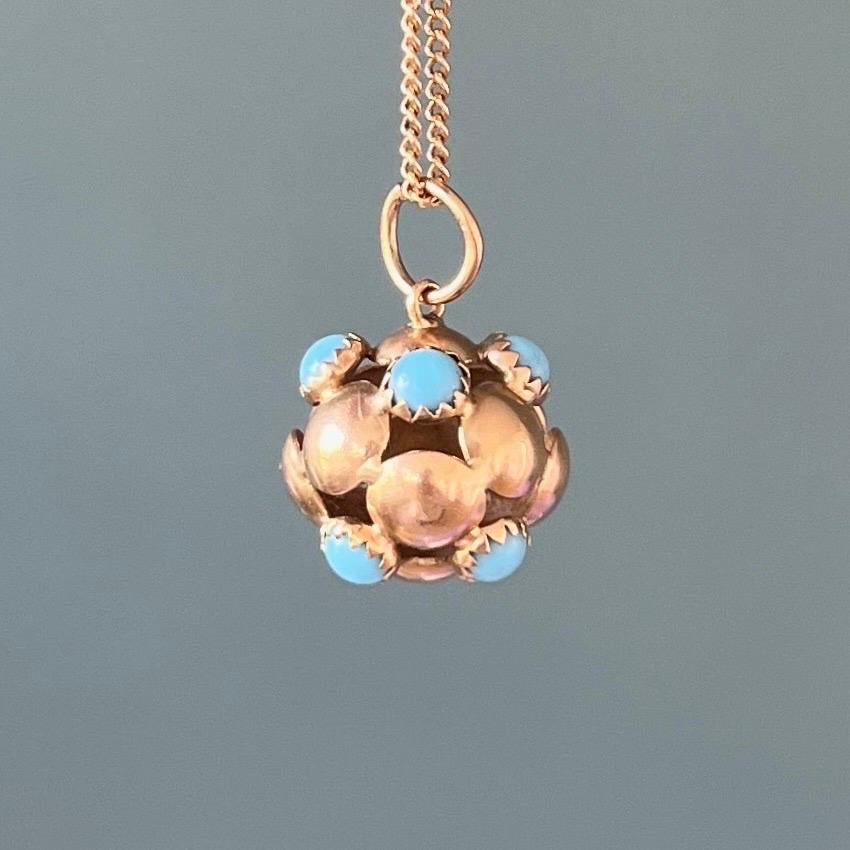 Cabochon Vintage 18K Gold and Turquoise Ball Charm Pendant For Sale